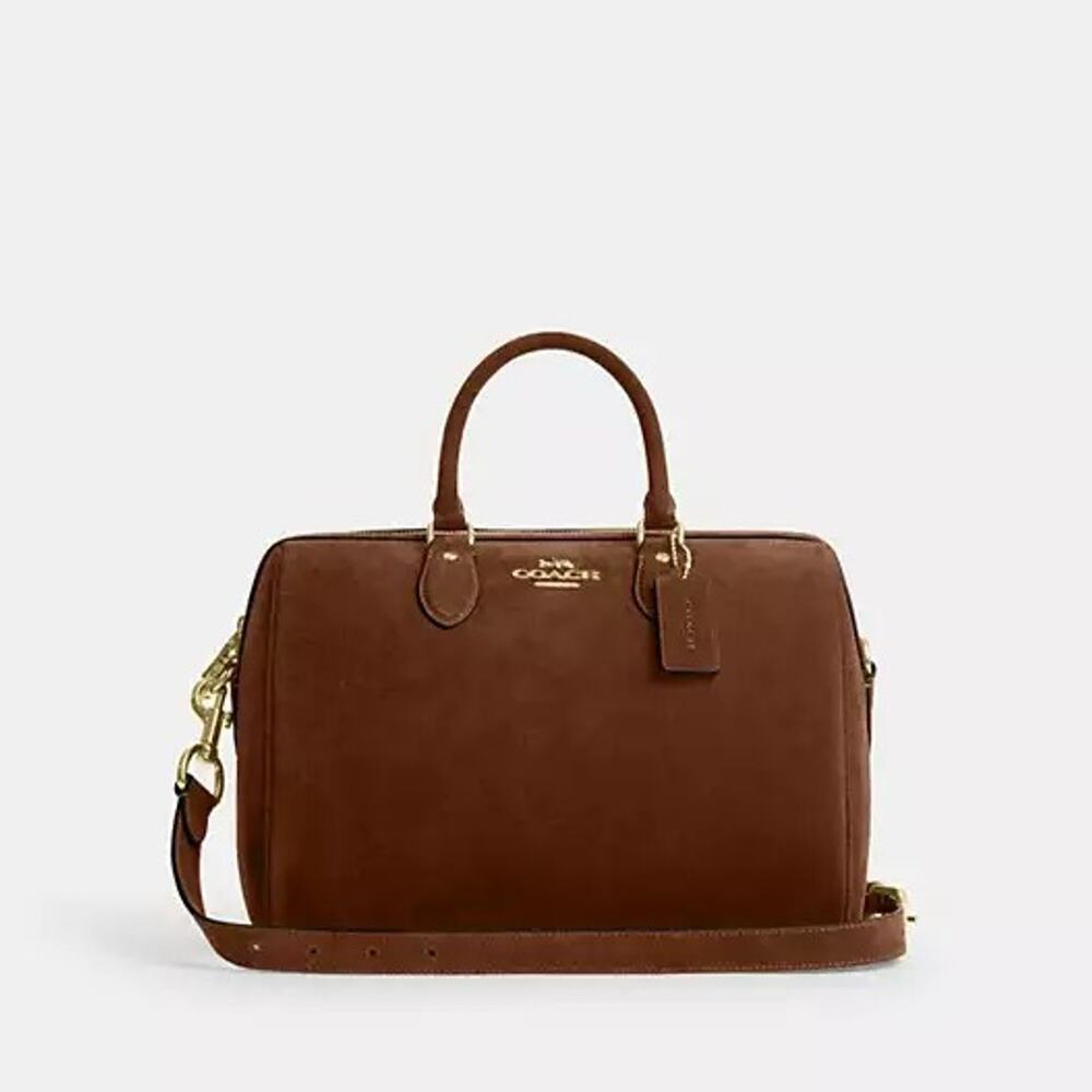 NEW‼️Coach Rowan Large Satchel Bag CET42 suede/Gold/Warm Brown